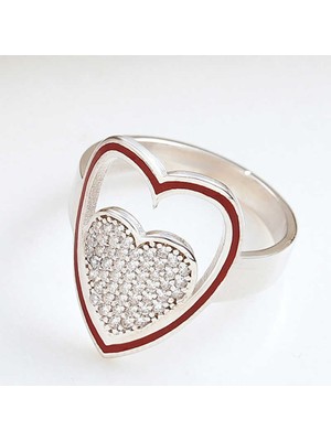 Pazarcan Gümüş Beyaz Taşlı Kalpli Kadın Yüzük