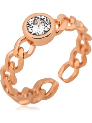 Pazarcan Gümüş Zincir Desenli Tek Taş Bayan Yüzük