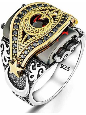 Pazarcan Gümüş Kırmızı Taşlı Ay Yıldız Erkek Yüzük