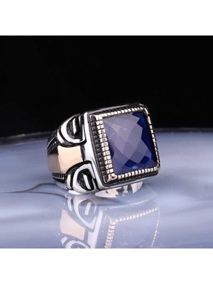 Pazarcan ​gümüş Kare Fasetli Lacivert Taşlı Erkek Yüzük