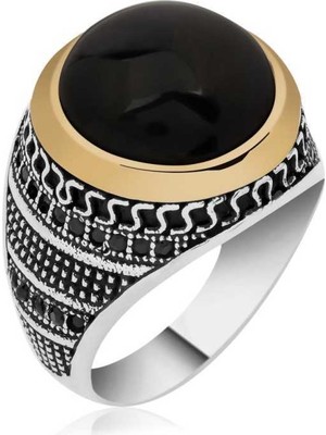 Pazarcan Gümüş Sıkma Kehribar Taşlı Erkek Yüzük