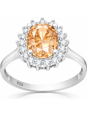 Pazarcan Gümüş Turuncu Taşlı Oval Kadın Yüzük