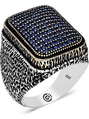 Pazarcan Gümüş Lacivert Zirkon Taşlı Kare Erkek Yüzük