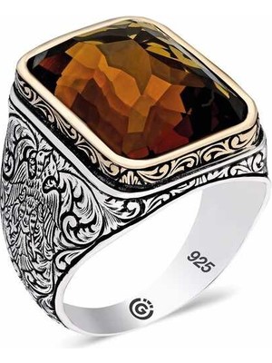 Pazarcan Gümüş Zirkon Kahverengi Taşlı Kare Erkek Yüzük