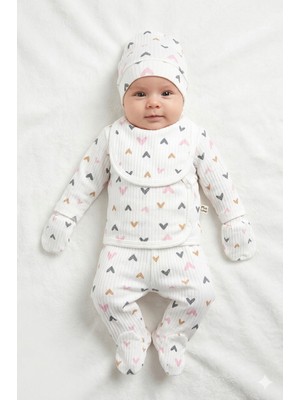 Babyshez %100 Pamuklu Fitilli 5 Parça Yenidoğan Bebek Hastane Çıkışı Kalpli Zıbın Set
