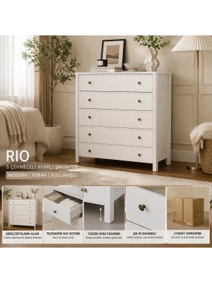 Pasific Home Rio 5 Çekmeceli Ayaklı Modern Şifonyer, Beyaz