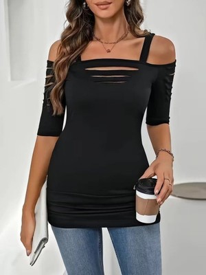 Stores36 Kadın Omuzlardan Açık Askılı Lazer Kesim Detaylı Viskon Bluz