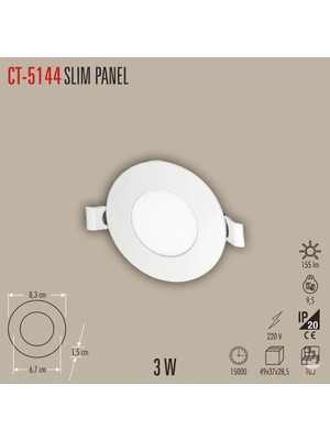 Cata CT-5144 Slim Panel 3W Günışığı LED Armatür IP20 Enerji Tasarruflu Ultra İnce Tasarım