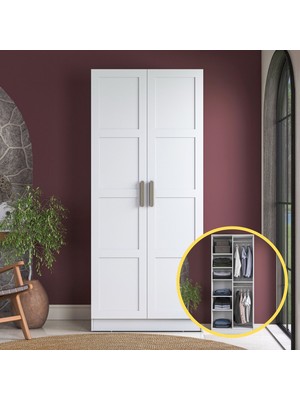 Rani BA221 Membran Kapaklı Gardırop 6 Raflı 2 Kapaklı 2 Askılı Elbise Dolabı Beyaz