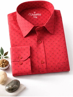 Varetta Erkek Kırmızı Gömlek Uzun Kollu Cepli Geniş Kesim Oxford Kaliteli Kumaş Baskılı