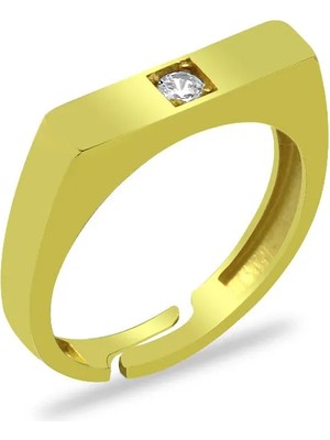 Tesbihname Beyaz Zirkon Taşlı Modern Tasarım Altın Renk Ayarlanabilir Ölçü 925 Ayar Gümüş Kadın Tektaş Yüzük