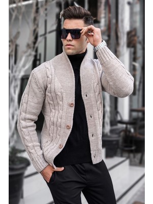 Madmext Bej Örgülü Hırka %65 Cotton Uzun Kol Slim Fit Günlük Tarz 9053