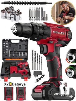 Müller Germany  Çelik Şanzuman Bakır Sargılı Çift Akülü Şarjlı Matkap  Vidalama 27 Parça Set