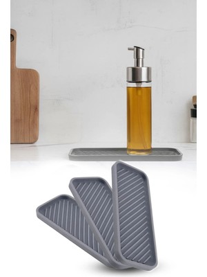 Omilife 3 adet Gri Silikon Tezgah Altlığı Yağdanlık Sabunluk Organizer Kaymaz Sunumluk 23x10 cm