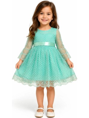 Sellfie Kız Çocuk Kolları Tüllü Puantiye Detaylı Etek Ucu Güpürlü Astarlı Midi Boy Yeşil Renk Elbise