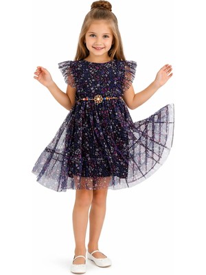 İrem Çocuk Giyim Kız Çocuk Çiçek Desenli Kemer Detaylı Tüllü Astarlı Midi Boy Elbise