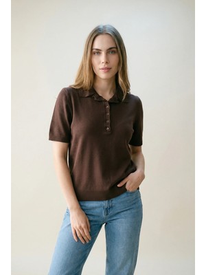 Shophia Polo Yaka Kısa Kollu Kadın Triko Tişört