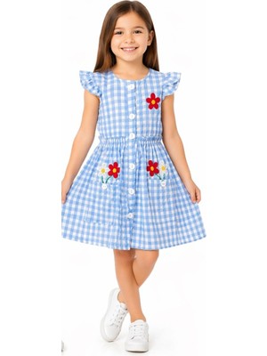 İrem Çocuk Giyim Kız Çocuk Üzeri Çiçek Nakışlı Gofre Model Cepli Bürümcük Kumaş Düğmeli Mavi Elbise