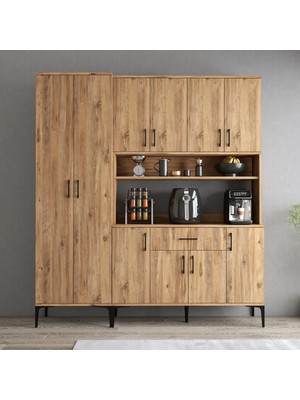 Tanmob MDL0602 Alt Üst Çift Kapılı Çok Amaçlı Dolap 8 Kapaklı Çekmeceli Raflı Çam