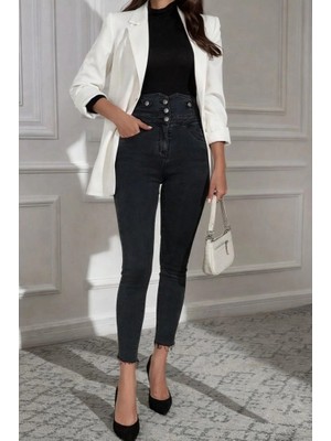 Stores36 Kadın Yüksek Bel Önden Düğmeli Cepli Dar Kesim Detaylı Kot Pantolon