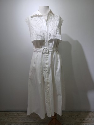 Gizelia Brode Işlemeli ve Kemerli Retro Gömlek Elbise - Ekru