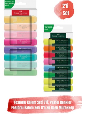 Faber-Castell 8'li Pastel Fosforlu Kalem Seti ve 8'li Su Bazlı Kalem Seti 16 Parça Renkli Sürdürülebilir