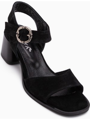 Limoya Carina Hakiki Deri Siyah Süet Topuklu Kadın Sandalet