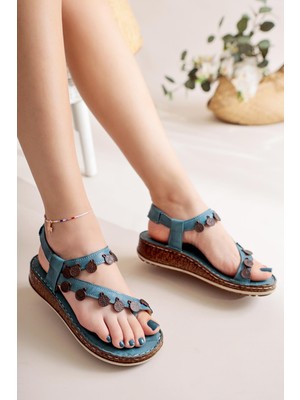 Limoya Hakiki Deri Lilah Mavi Para Detaylı Sandalet