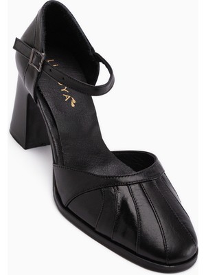 Limoya Hira Hakiki Deri Siyah Önü Kapalı Kadın Topuklu Sandalet