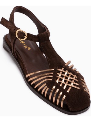 Limoya Kelly Hakiki Deri Kahve Kafes Detaylı Kemerli Kadın Sandalet