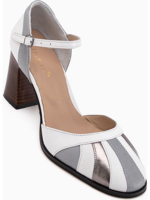 Limoya Hira Hakiki Deri Beyaz Önü Kapalı Kadın Topuklu Sandalet