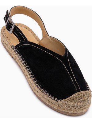 Limoya Lydia Hakiki Deri Siyah Süet Hasır Detaylı Kadın Sandalet