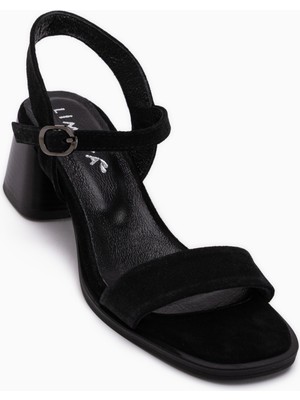 Limoya Lucia Hakiki Deri Siyah Süet Topuklu Kadın Sandalet