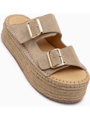 Limoya Janika Hakiki Deri Bej Süet Hasır Tabanlı Kadın Terlik