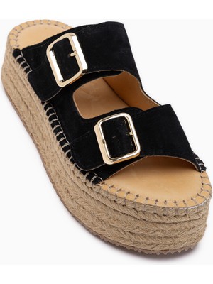 Limoya Janika Hakiki Deri Siyah Süet Hasır Tabanlı Kadın Terlik