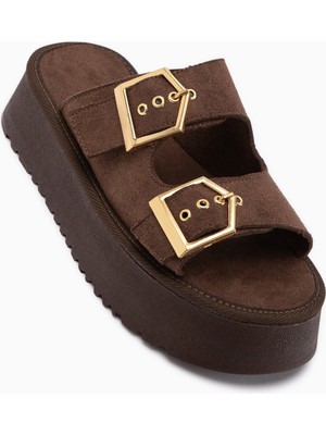 Limoya Jenet Kahve Süet Çift Bantlı Kadın Terlik