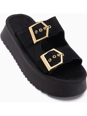 Limoya Jenet Siyah Süet Çift Bantlı Kadın Terlik