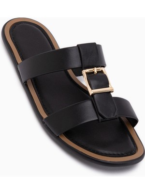 Limoya Lien Siyah Çift Bantlı Toka Detaylı Kadın Terlik