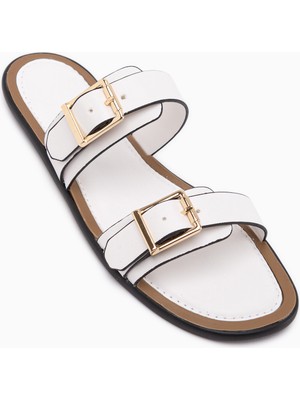 Limoya Linah Beyaz Çift Bantlı Kadın Terlik