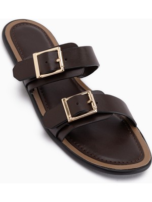 Limoya Linah Kahve Çift Bantlı Kadın Terlik