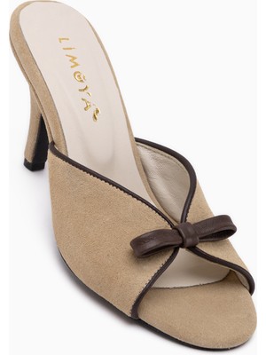 Limoya Meri Hakiki Deri Bej Süet Topuklu Kadın Terlik