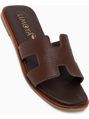 Limoya Rosali Hakiki Deri Kahve Kadın Terlik