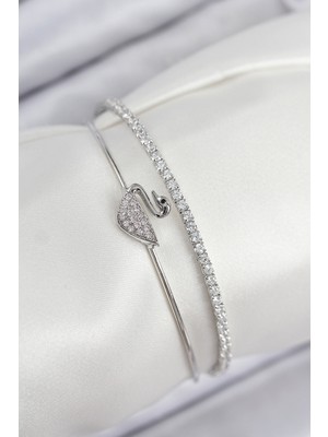 Pirinç Zirkon Taşlı Kuğu Model Gümüş Renk Kadın Bileklik