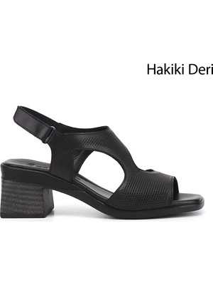 Gönderi(r) Kadın Siyah  Cırt Bantlı Kalın Topuklu Hakiki Deri Sandalet