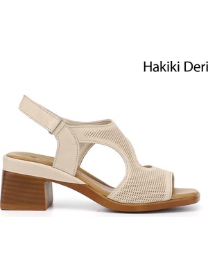 Gönderi(r) Kadın Bej Antik  Cırt Bantlı Kalın Topuklu Hakiki Deri Sandalet