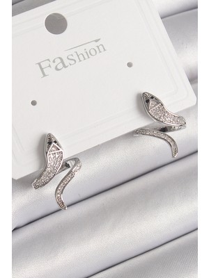 Pirinç Gümüş Renk Zirkon Taşlı Yılan Model Kadın Küpe