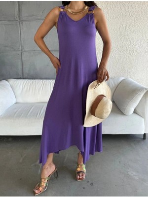 Stores36 Kadın Çan Dokuma Kumaş V Yaka Asimetrik Kesim Elbise