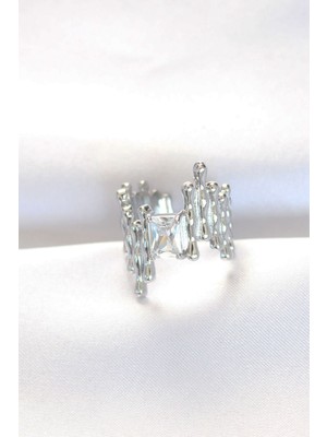 Silver Renk Tırtıklı Kalın Baget Taş Tasarım Ayarlanabilir Yüzük