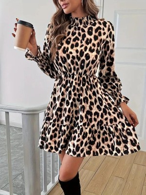 Stores36 Kadın Uzun Kollu Yarı Balıkçı Yaka Leopar Desenli Modal Mini Elbise