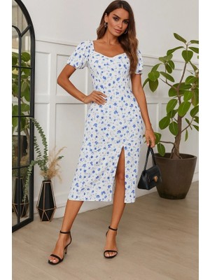 Stores36 Kadın Kısa Kolluyakası Büzgü Detay Kolu Lastikli Çiçek Baskı Elbise